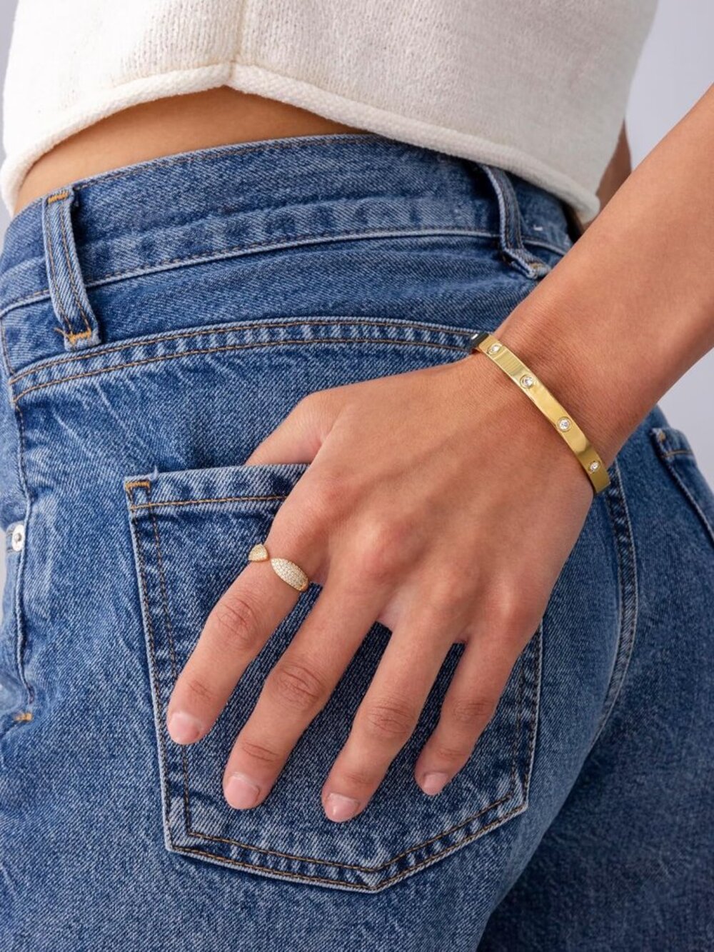 Waterproof Bracelet for Women - 14K Gold Plated Bangle with Cubic Zirconia - Sta - Picture 4 of 5